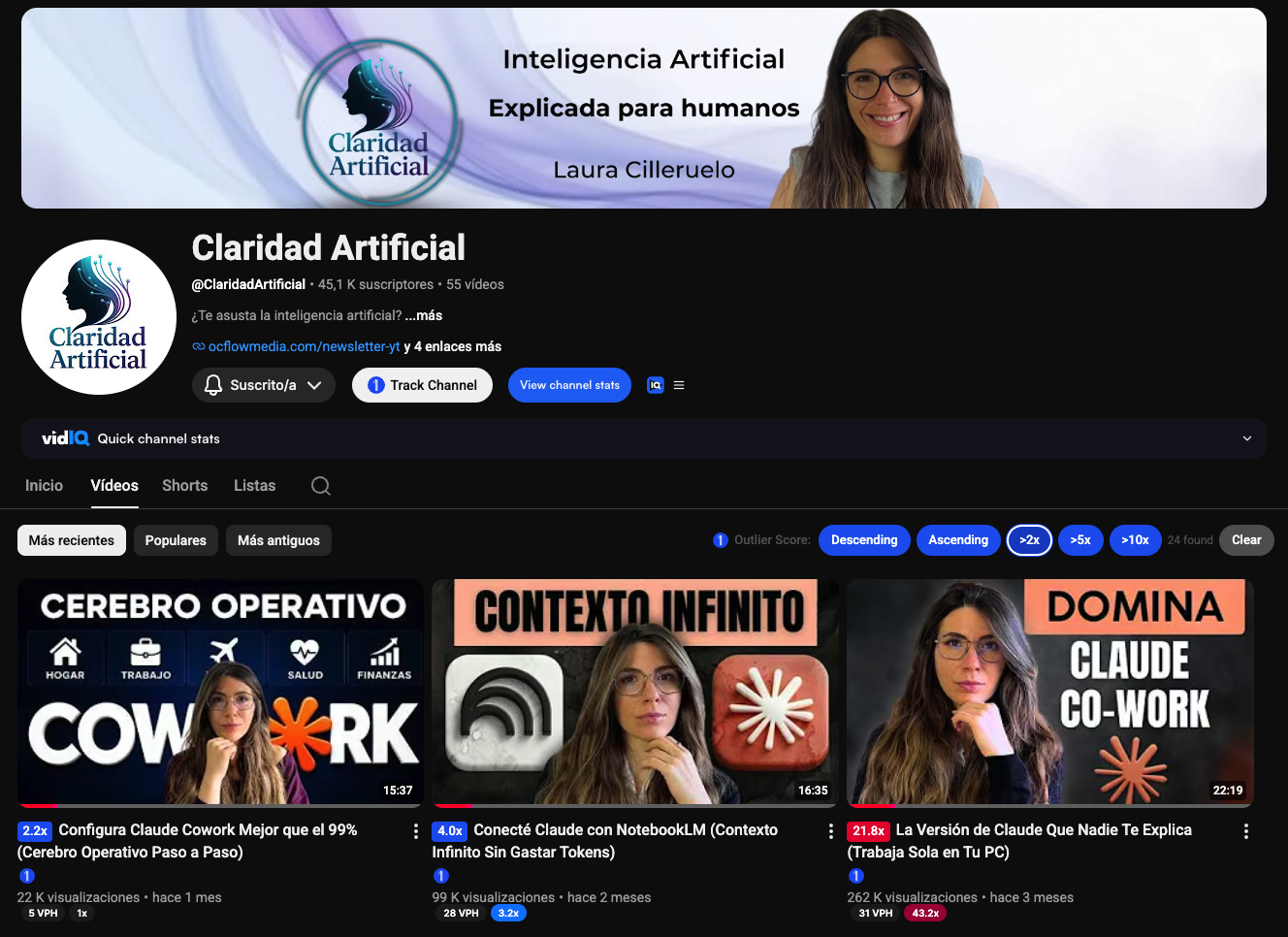 Canal de YouTube de Claridad Artificial: 45,1 K suscriptores, 55 vídeos